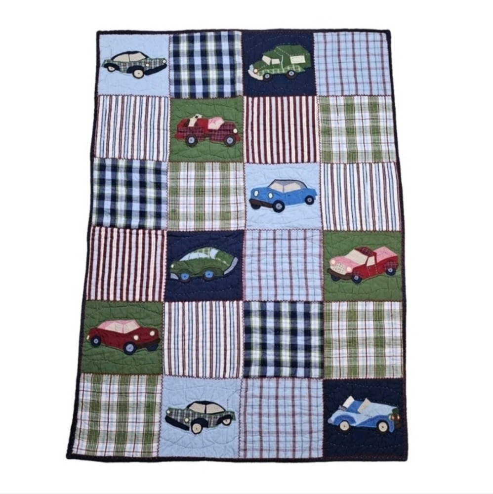 POTTERY BARN KIDS Cars Trucks Dog Patchwork Plaid Stripes Twin QUILT 2005